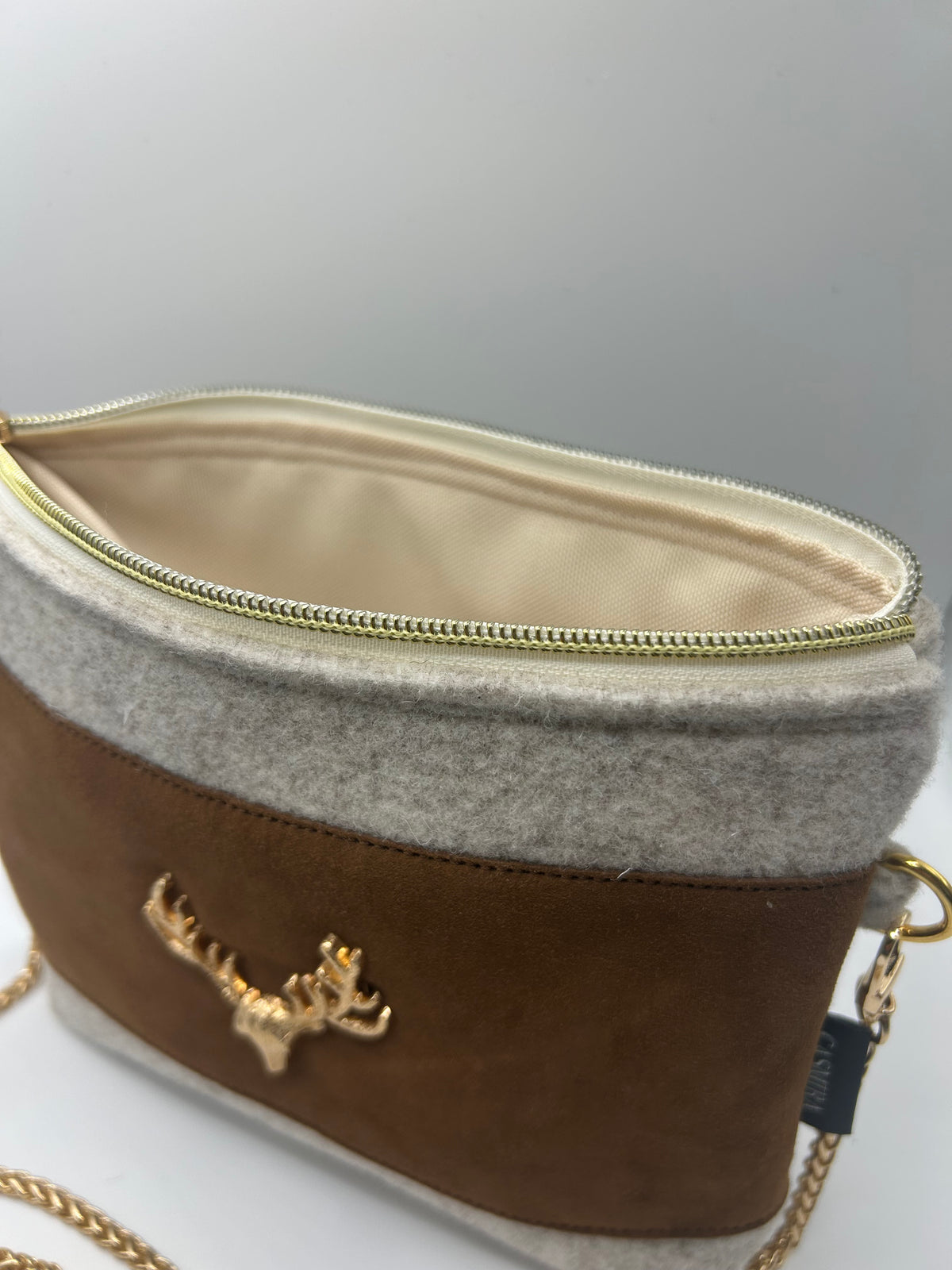 Trachten- / Dirndltasche Wildleder/Filz Natur/Braun mit Gold
