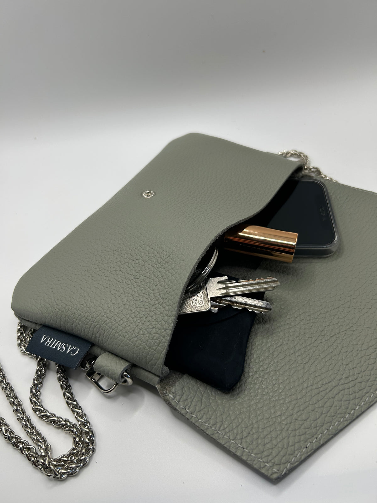 Umhängetasche Leder small Grau/Grün / Silber