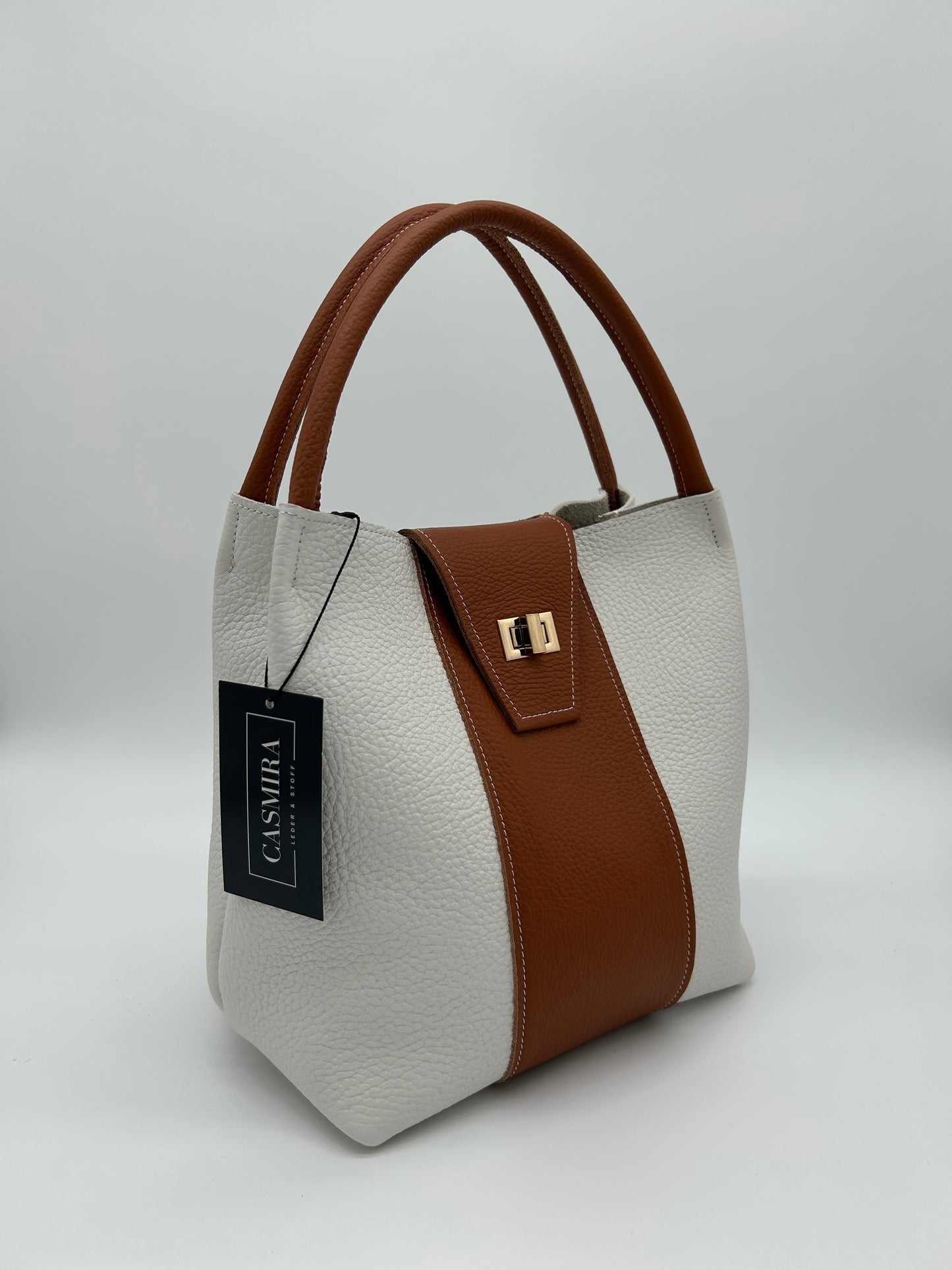 Handtasche Leder Weiß / Cognac