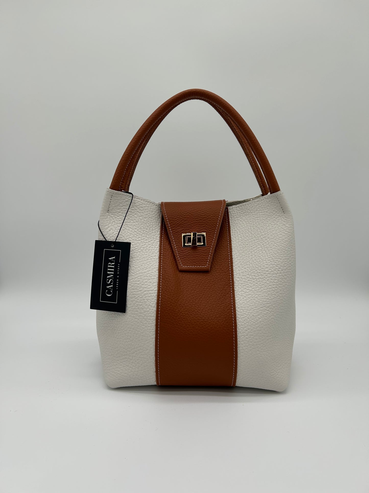 Handtasche Leder Weiß / Cognac