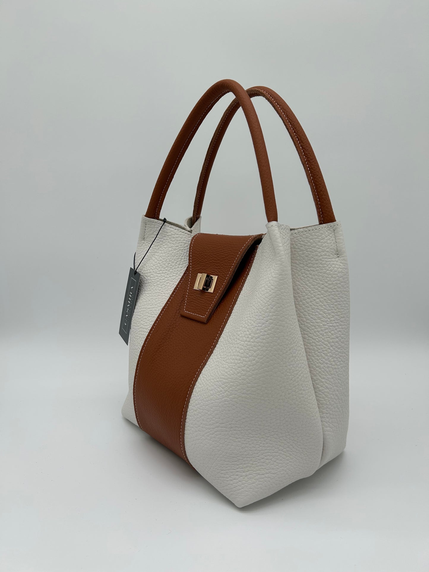 Handtasche Leder Weiß / Cognac