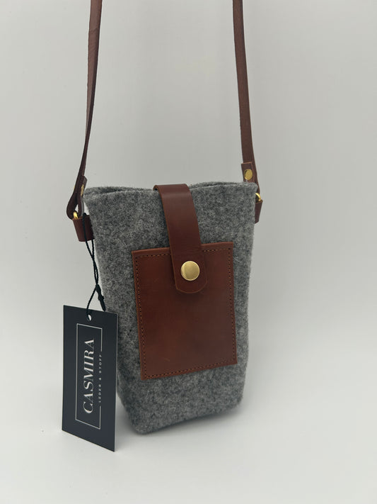 Handytasche Mini Filz & Leder Grau/Braun