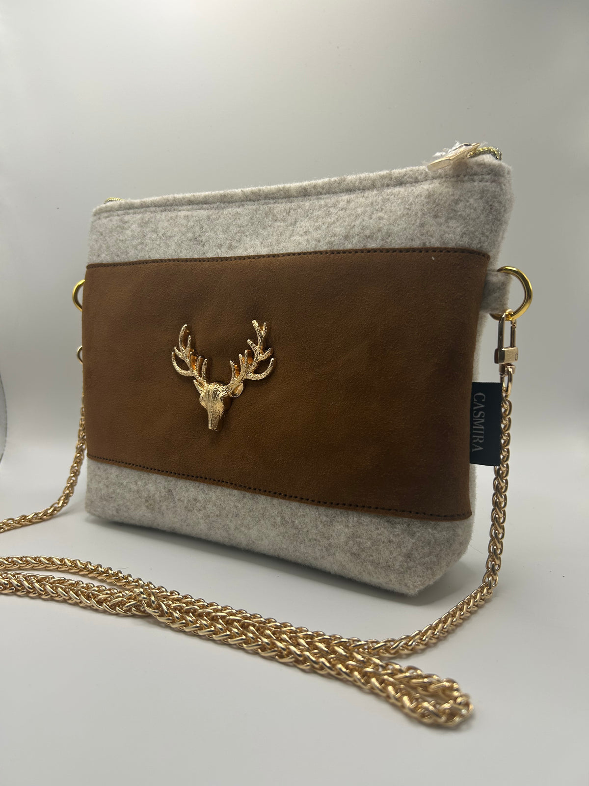 Trachten- / Dirndltasche Wildleder/Filz Natur/Braun mit Gold