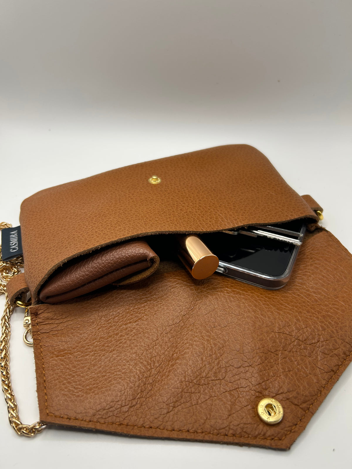 Umhängetasche Leder small Cognac / Gold